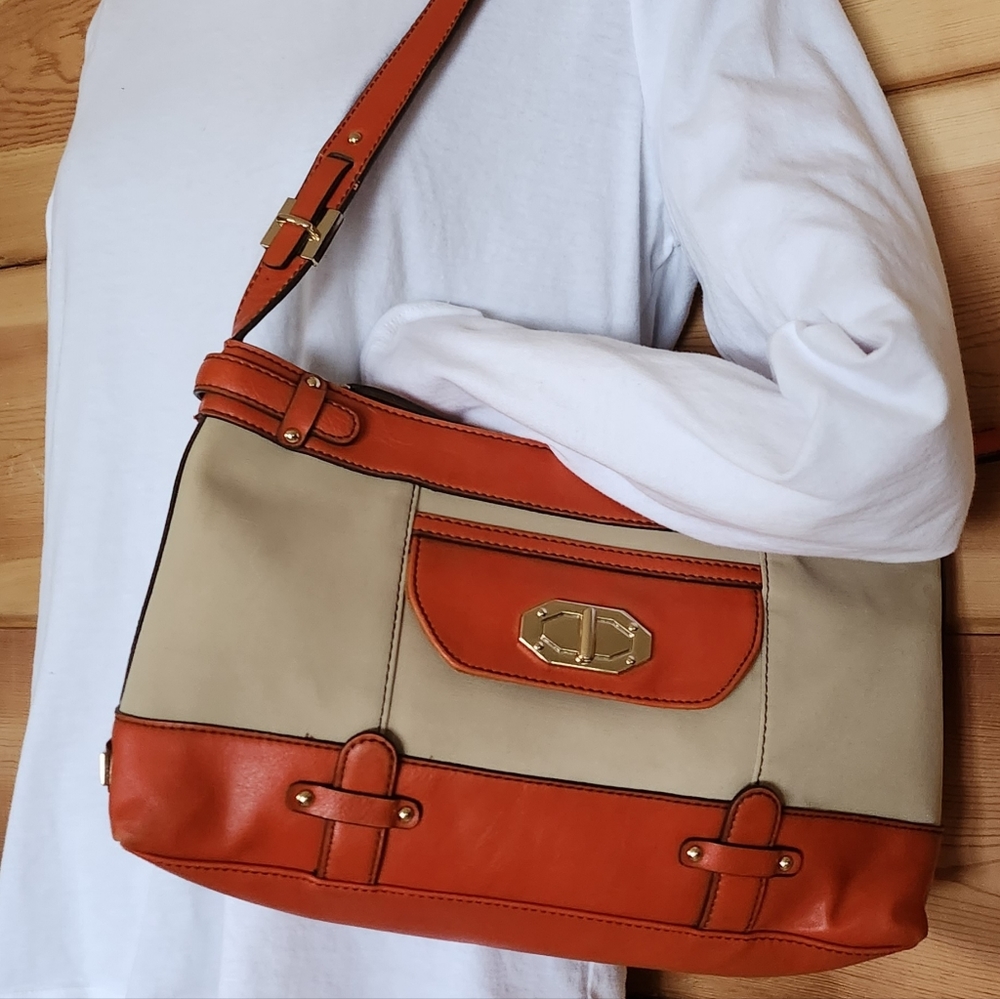 Etienne Aigner Orange and Tan Shoulder Bag, Single Strap, Gold Accents